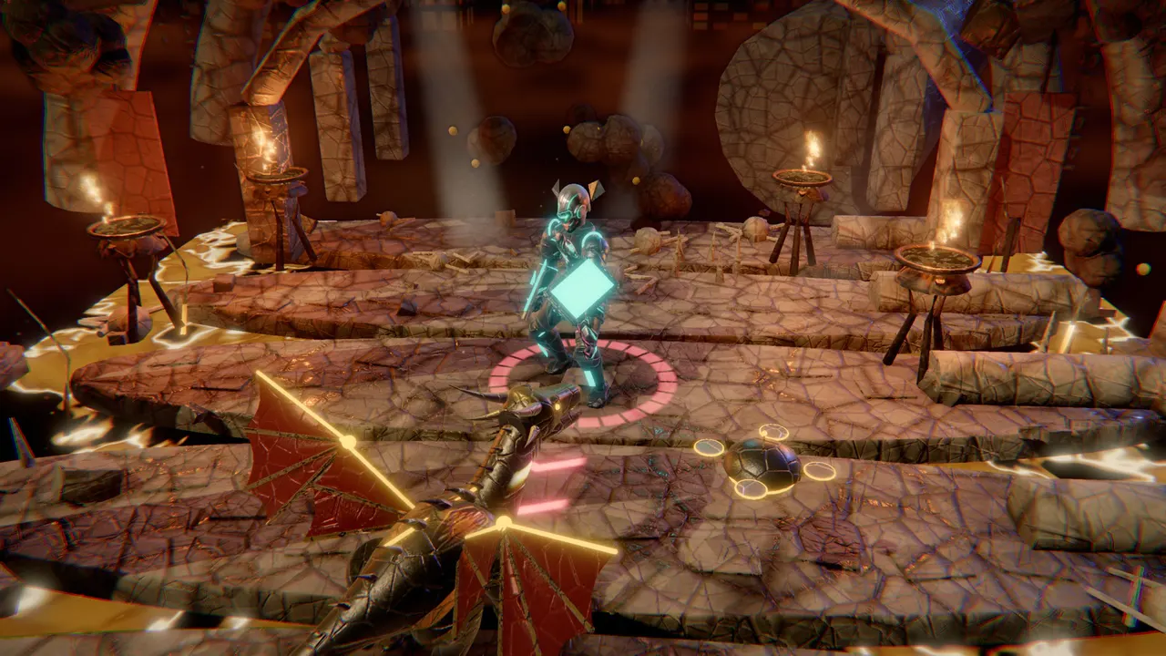 A hero charging an attack, its intent ring glowing on the floor